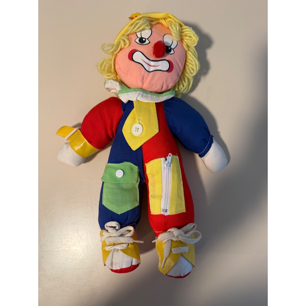 Vintage Plush Clown Activity Doll Kids Learn to Dress Sensory Toy 13 Inch